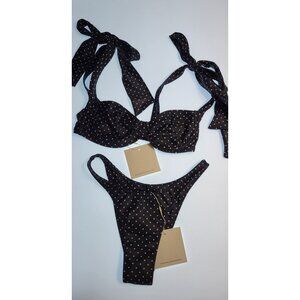 SAME Los Angeles Black Polka Dot Bikini Set XS Underwire Tie Top High Cut Bottom